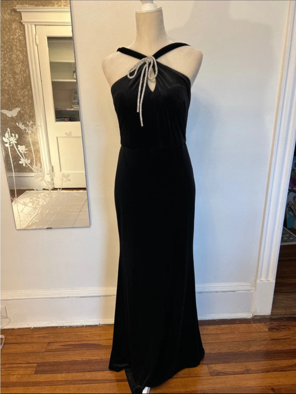 Eliza J Black Velvet Halter Evening Gown with Silver Bow Size 8